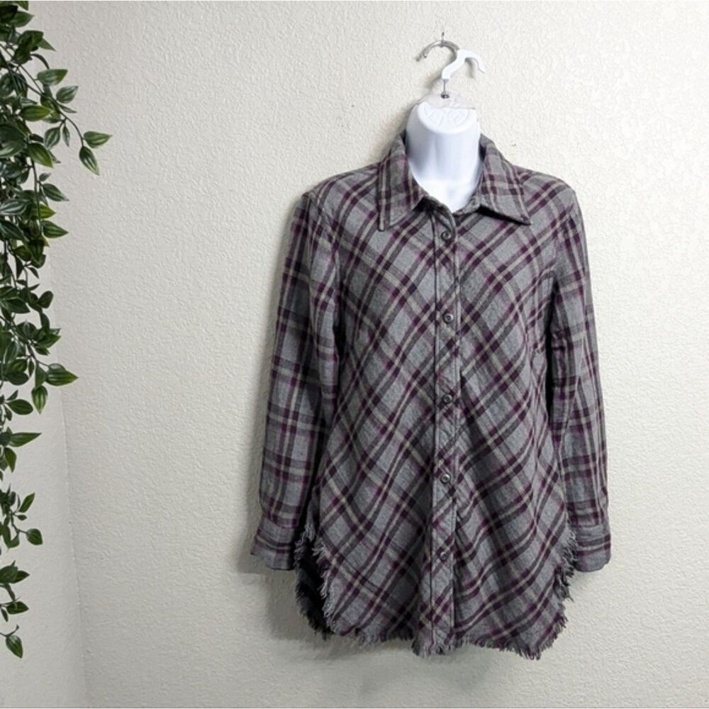 Cabi Highland Flannel Gray Purple Plaid Button Down Tunic Shirt Long Sleeve XS - Picture 2 of 10